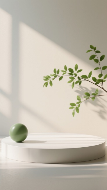 极简主义风格3D渲染，柔和自然光从左上方斜射，浅米色哑光背景墙投射出清晰的植物枝叶阴影，前景是简约白色弧形展示台，台面光滑洁净，左侧摆放一颗圆润饱满的绿色球体，右侧延伸出几枝带有鲜亮绿叶的植物枝条，整体色调以米白、浅灰和不同层次的绿色为主，营造出宁静、清新、通透的氛围，光线在台面形成柔和的光斑效果，画面简洁大方，留白充足，具有现代简约的设计感。预览效果