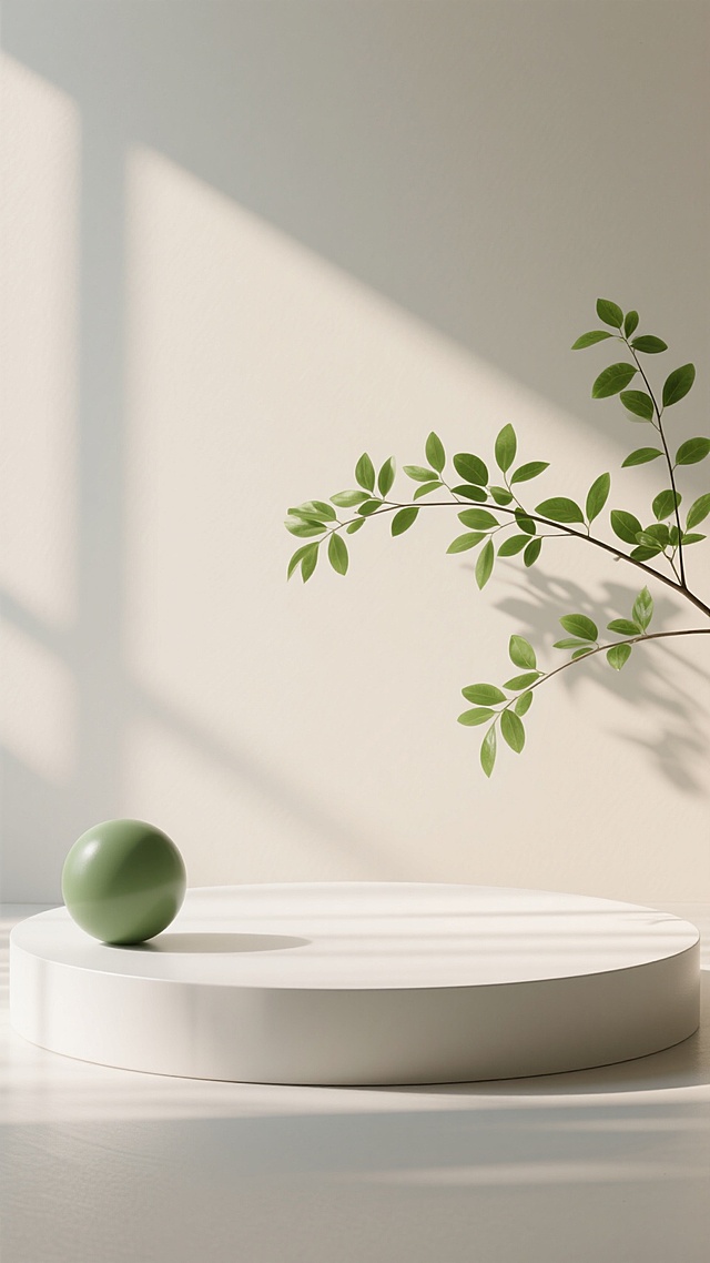 极简主义风格3D渲染，柔和自然光从左上方斜射，浅米色哑光背景墙投射出清晰的植物枝叶阴影，前景是简约白色弧形展示台，台面光滑洁净，左侧摆放一颗圆润饱满的绿色球体，右侧延伸出几枝带有鲜亮绿叶的植物枝条，整体色调以米白、浅灰和不同层次的绿色为主，营造出宁静、清新、通透的氛围，光线在台面形成柔和的光斑效果，画面简洁大方，留白充足，具有现代简约的设计感。