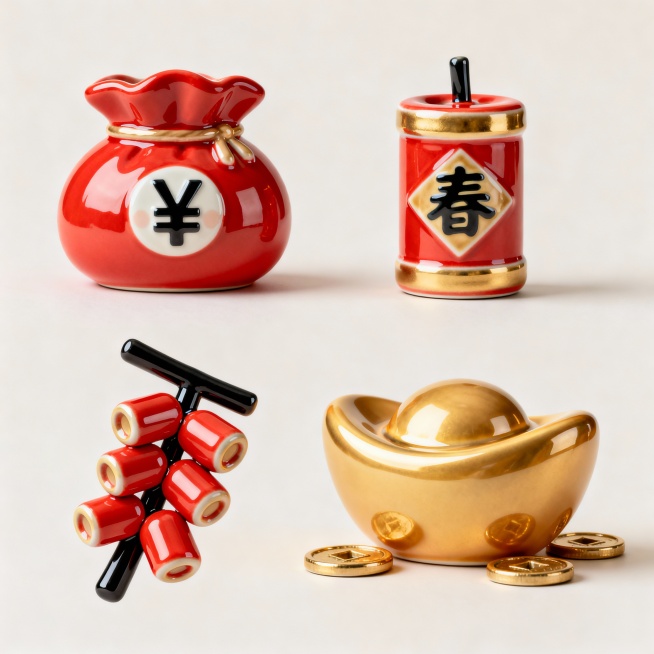 红金为主色调，四个不同样式、不同配色的3D卡通吉祥元素在纯色背景上排列整齐：左上角是装饰有 “¥” 符号的红色红包；右上方是鞭炮（印 “春” 字）；左下方是鞭炮串（搭配黑色装饰棍）；右下方则是大金元宝预览效果