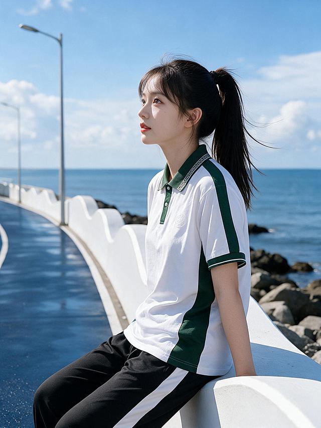 海滨骑行道半身照。少女模特保持参考图的面容（高马尾带刘海，明亮大眼，红润嘴唇）和服装（白色短袖polo领上衣：深绿翻领带白绿花纹织带、绿门襟白扣、肩袖绿拼白线条、两侧绿拼块、左胸小标，衣摆自然垂下；黑色直筒长裤裤腿外侧单条宽白竖条纹；白色小白鞋）不变。改为半身构图：模特倚坐在白色波浪矮墙上，身体侧向海面，侧脸望向海的方向，头发微微被海风吹起，神情宁静自然。背景：海边滨海骑行道，深蓝色步道带潮湿反光，白色波浪矮墙与海礁，高挑路灯杆，蓝天白云，海水平缓开阔，明亮自然日光，清爽通透海滨氛围，写实摄影，高画质，自然色彩