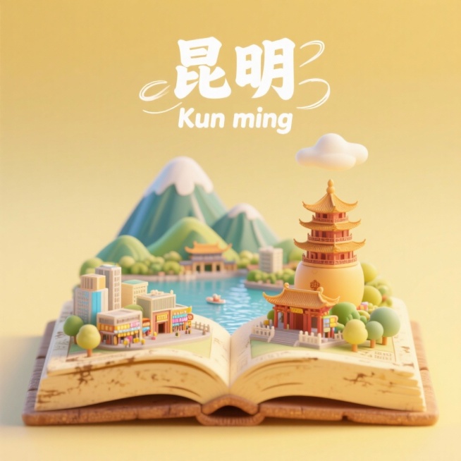 一本打开的古代书籍，书是打开的，书上是昆明城市景观微缩模型，有昆明的西山，滇池，大观楼，新街口，鼓楼，上方有中文“昆明”和英文“Kun ming”，整体画面生动，色调温暖明快，充满活力与朝气，具有梦幻预览效果