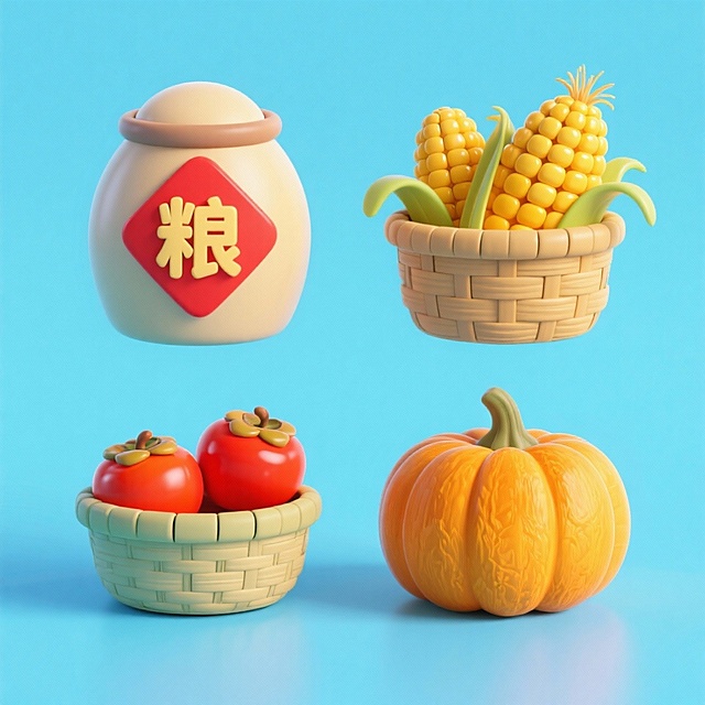 4个中秋素材组合，可爱电商促销感。素材包括：第一个粮仓（贴着带有 “粮” 字的红色菱形福字）；第二个一筐玉米；第三个一筐柿子；第四个南瓜。画面整体呈现鲜艳效果，淡蓝色背景。上下两行，排列整齐