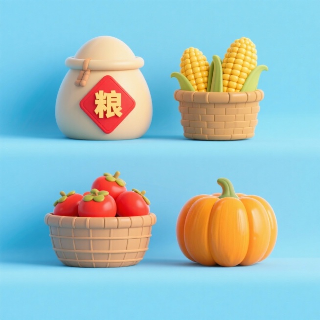 4个中秋素材组合，可爱电商促销感。素材包括：第一个粮仓（贴着带有 “粮” 字的红色菱形福字）；第二个一筐玉米；第三个一筐柿子；第四个南瓜。画面整体呈现鲜艳效果，淡蓝色背景。上下两行，排列整齐预览效果