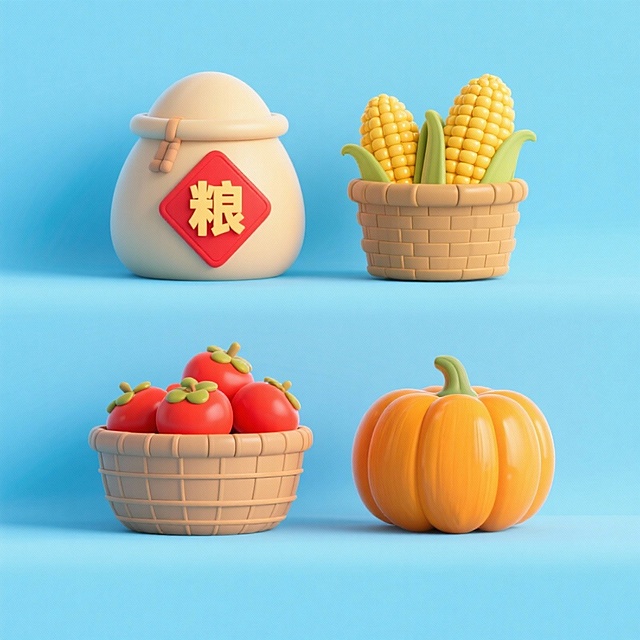 4个中秋素材组合，可爱电商促销感。素材包括：第一个粮仓（贴着带有 “粮” 字的红色菱形福字）；第二个一筐玉米；第三个一筐柿子；第四个南瓜。画面整体呈现鲜艳效果，淡蓝色背景。上下两行，排列整齐