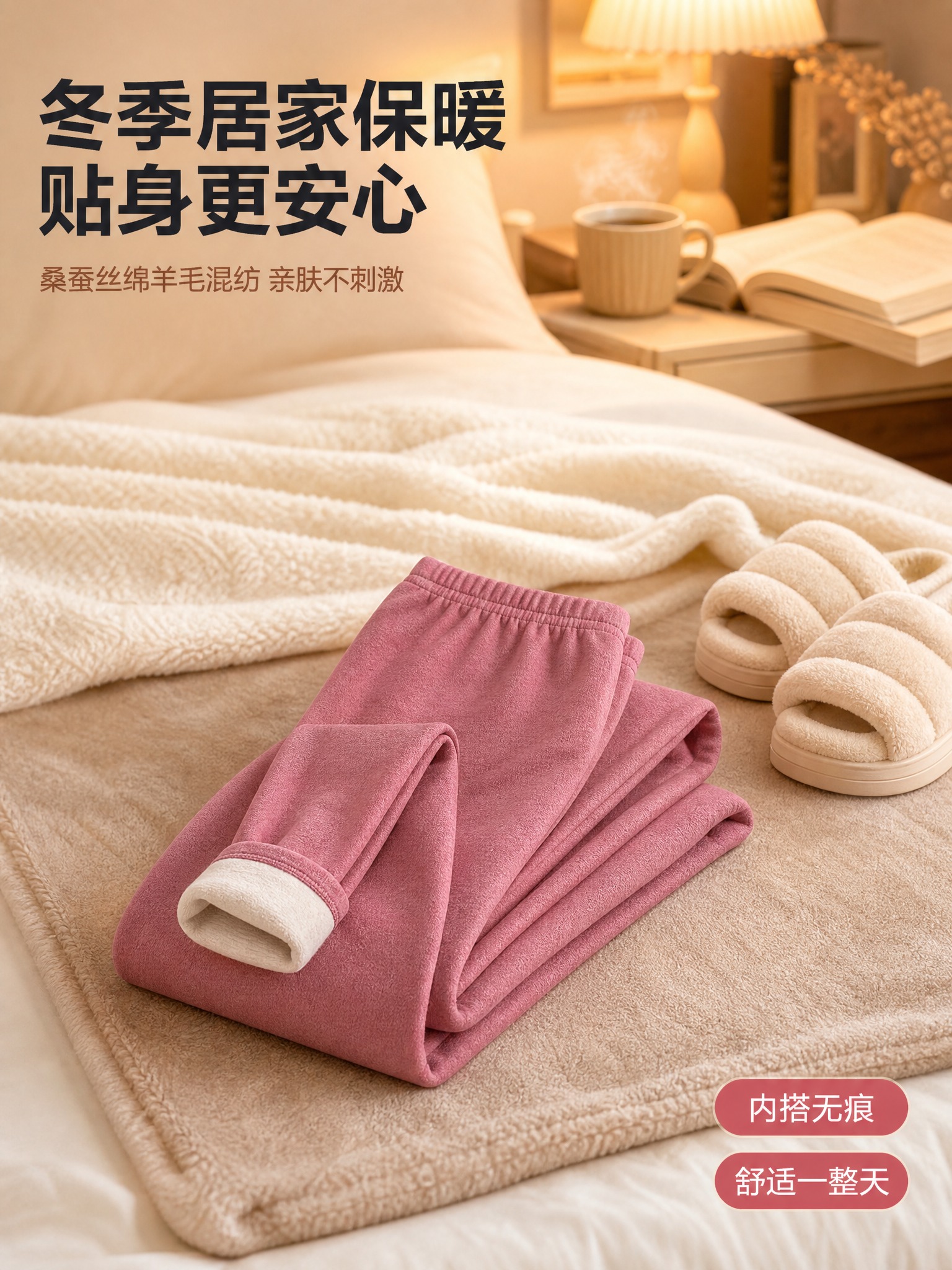[主图-3] 女士桑蚕丝绵羊毛德绒保暖秋裤 冬季居家场景展示图… - 图片创意预览