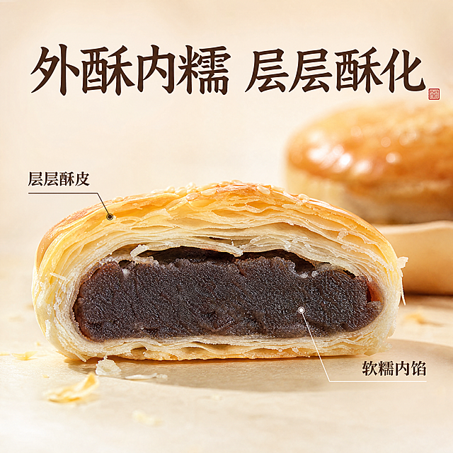 [主图2剖面]老婆饼豆沙饼横切特写，保留原产品质感，标注层层酥皮和软糯内馅，顶部大字'外酥内糯 层层酥化'，浅米背景，逆光突出纹理，1:1，4K，清晰。