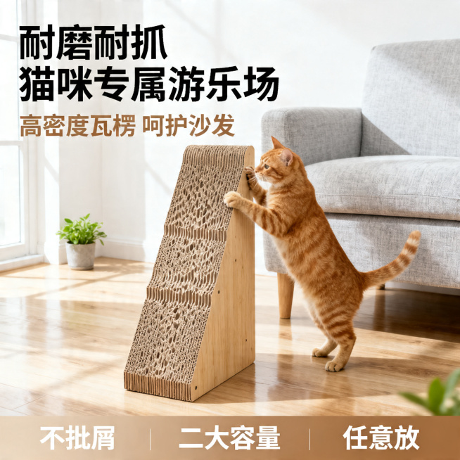 [主图 1] 猫抓板家居场景吸睛首图。[氛围风格] 温馨治愈日系居家风，干净明亮。[画质] 商业摄影质感、光线柔和通透、产品清晰真实、画面干净高级。[元素] 立式瓦楞纸猫抓板居中放置，猫抓板表面纹理清预览效果