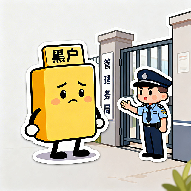 卡通风格贴纸，1:1比例，画面展示拟人化的公司形象顶着‘黑户’的标签站在工商局门口，门口的保安摆手不让进，表情委屈，Q版卡通风格，线条圆润，色彩明亮，背景简洁