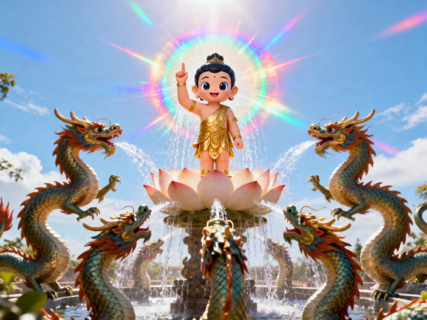 小太子佛在莲花中站立，一手指天一手指地，代表着天上地下唯我独尊，周围环绕七彩光晕，九条中国龙在太子佛下方，从下至上口中喷水为太子佛沐浴，太子佛有可爱大眼睛，身穿古印度金色衣服，笑容可掬，背景明亮鲜艳，预览效果