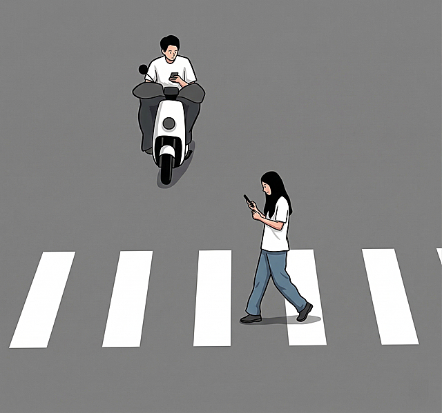 基于A2图（https://gdesign-dam-hz.dancf.com/35940762930764896/2897ce9d2b0541c5b8de28635be0b57f.jpg）的内容，保留其中两个看手机的人物（骑电动车的男子、走斑马线的女子）和斑马线的位置、姿态，参考模板图（https://gdesign-dam-hz.dancf.com/35940764845982794/24abcc9024554a8c877acc3b63a50c32.jpg）的卡通插画风格、配色、线条效果进行绘制，去除A2图中其他所有无关的人物、车辆、文字、标识，生成的内容是A2图对应元素的风格化还原，不是直接复用模板内容