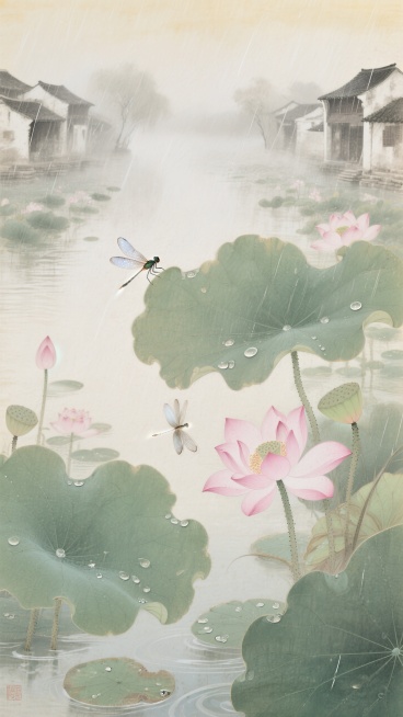 水墨画 烟雨江南  满池莲花  几只蜻蜓飞舞在莲花间   莲花在画面的三分之一处  背景淡黄白色相融合预览效果