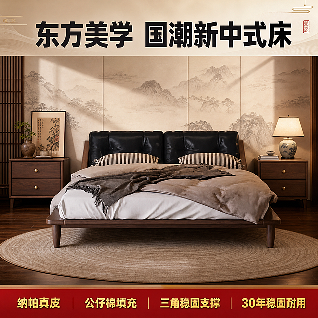 [单张主图] 东方美学国潮新中式榻榻米真皮实木床，爆款促销感主图，同时承担点击、理解、信任、转化四个任务，3秒内传达卖什么、强在哪、为何现在买。
[画面主体] 保持床的外观角度和款式与输入产品图绝对一致，杜绝任何变形和色差，精细化处理，实木框架结构不变，黑色纳帕真皮软包靠背不变，床上铺放的床品和毯子不变，商品主体占比65%，居中放置，产品完整不裁切。
[构图版式] 采用顶部大标题型，标准三段结构：顶部放主标题占28%，中部产品占55%，底部信息条占17%，层级清晰稳定。
[场景元素] 背景更换为国潮新中式装修风格卧室，新中式实木圈纹圆形地毯，深胡桃木实木地板，墙面采用新中式水墨山水硬包，背景两侧搭配新中式实木床头柜，左侧床头柜上摆放香薰陶瓷瓶和装饰挂画，右侧床头柜上放置中式陶瓷台灯和书籍，软装搭配丰富，营造东方雅致氛围，不抢主体。
[文案版式] 顶部大字主标题：“东方美学 国潮新中式床”，加粗黑体最大号；底部通栏使用红底金字，三列平均分布展示卖点，每列卖点短句加粗金字：第一列「纳帕真皮」，第二列「公仔棉填充」，第三列「三角稳固支撑」，第四列「30年稳固耐用」，文字清晰锐利，红底与金字形成强对比，高反差清晰可读，底部红色通栏不遮挡产品主体。
[光影质感] 温馨暖调自然光，午后慵懒斜射光影，木质纹理漫反射，皮革哑光高光，光影通透不灰蒙，光比舒适，高光不溢，暗部有层次，整体商业摄影质感，光线柔和通透，产品清晰真实，画面干净高级。
[配色字体] 主色调：胡桃木棕+真皮黑；辅助色：国潮红，强调卖点文字；字体采用粗黑无衬线字体，主标题最大，卖点文字大小一致，层级分明。
[比例分辨率] 1:1 比例，2048px*2048px，2k分辨率，文字清晰可辨，超高清。
[负向提示词] 变形，水印，错字，糊字，伪Logo，主体遮挡，背景杂乱，低清晰度，错误结构，改变床角度款式，产品变色，文字错乱