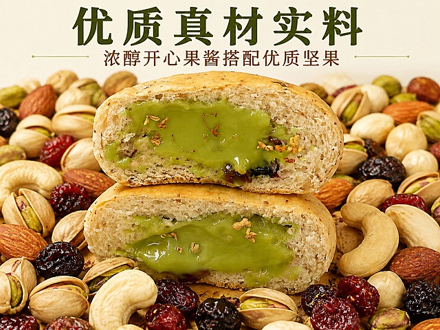 将本图中所有英文替换为中文，保持原有设计版式、颜色、产品位置和整体风格不变，替换内容如下：主标题优质真材实料，副标题浓醇开心果酱搭配优质坚果。产品保留原来形状、颜色、纹理不变，背景和坚果原料配色不变。中文排版和原来英文位置一致，文字清晰可读。