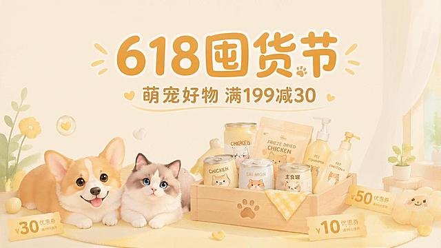 在这张宠物电商banner图的上方预留空白区域，添加清晰的促销活动文字：主标题“618囤货节”，副标题“萌宠好物 满199减30”，保持整体奶油黄色调，治愈扁平插画风，文字风格柔和适配画面，不改变原有画面内容和风格，保留所有元素，只添加文字。