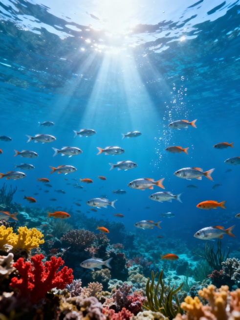 超写实水下场景，阳光从海面穿透形成强烈光束照亮整个海底世界，大量银色和橙色的鱼群在蓝色海水中游动，海底覆盖着五彩斑斓的珊瑚和海草，水面波光粼粼，水中漂浮着细小气泡，整体呈现出宁静而梦幻的氛围，光线柔和且具有层次感，色彩以深浅不一的蓝色为主调，点缀珊瑚的红色和黄色，画面充满生机与神秘感，细节丰富，质感细腻，仿佛身临其境的深海探索体验。预览效果
