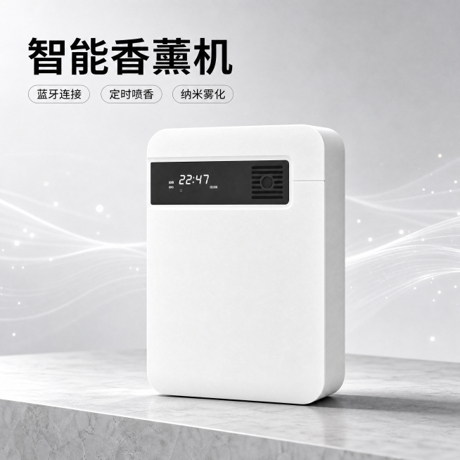 [主图-1] 智能香薰机产品首图
[氛围风格] 简约高端科技感，现代轻奢家居风
[画质] 商业摄影质感、光线通透、产品清晰真实、画面干净高级
[元素] 白色智能香薰机居中展示，保持产品外观（物理结构、预览效果