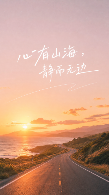 模仿参考图的治愈文案风景海报风格，生成9:16竖版海报，整体为清新治愈的夕阳公路风景，文案更换为“心有山海，静而无边”，排版精致，带有差异化创意设计，参考图的风格调性保留，暖调氛围感风景，白色手写字体预览效果
