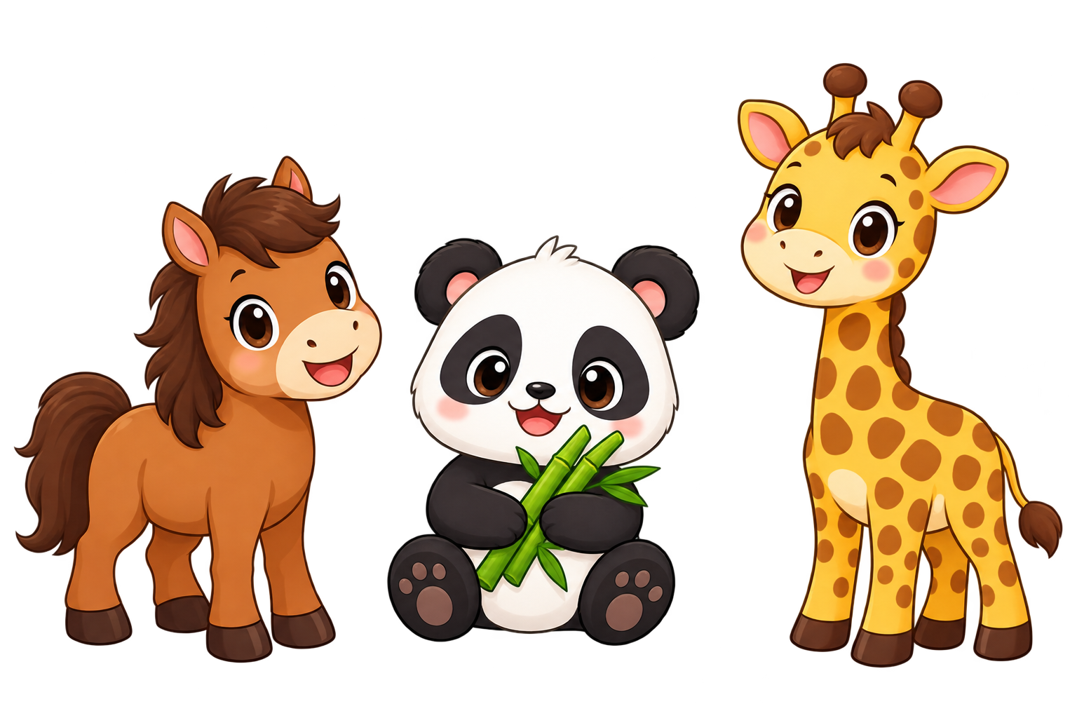 透明背景，三只可爱的卡通简笔画动物横向排列，从左到右依次是：一… - 图片创意预览
