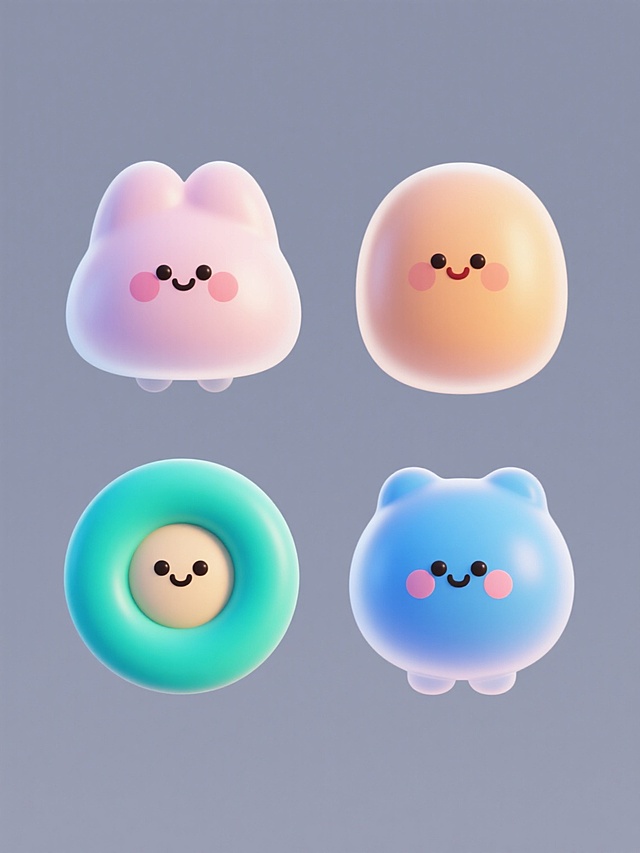 一组4个不同配色、不同样式的3D材质可爱元素，采用干净简约的设计风格，元素造型符合现实物理逻辑，表面呈现细腻光滑的3D材质质感，光影过渡自然柔和，每个元素拥有独特的圆润可爱造型和鲜明且协调的配色方案，整体视觉效果清新明快，适合作为通用设计素材使用，元素间保持风格统一性与个体差异性的平衡。