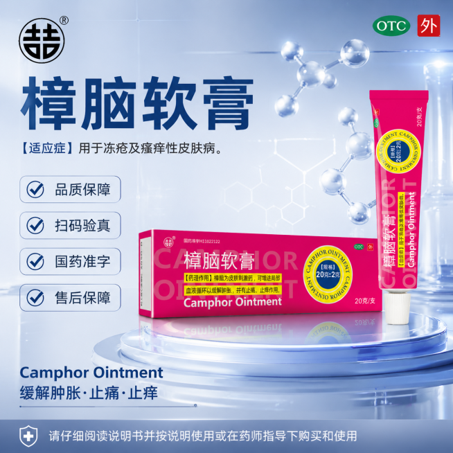 参考这张洗面奶图片的医美科技风格，生成一张1:1正方形的樟脑软膏电商海报，整体采用蓝灰色科技医疗背景，搭配分子结构装饰元素，颜色干净高级，所有文字清晰可读，字体颜色和背景形成良好对比。布局结构：顶部左预览效果