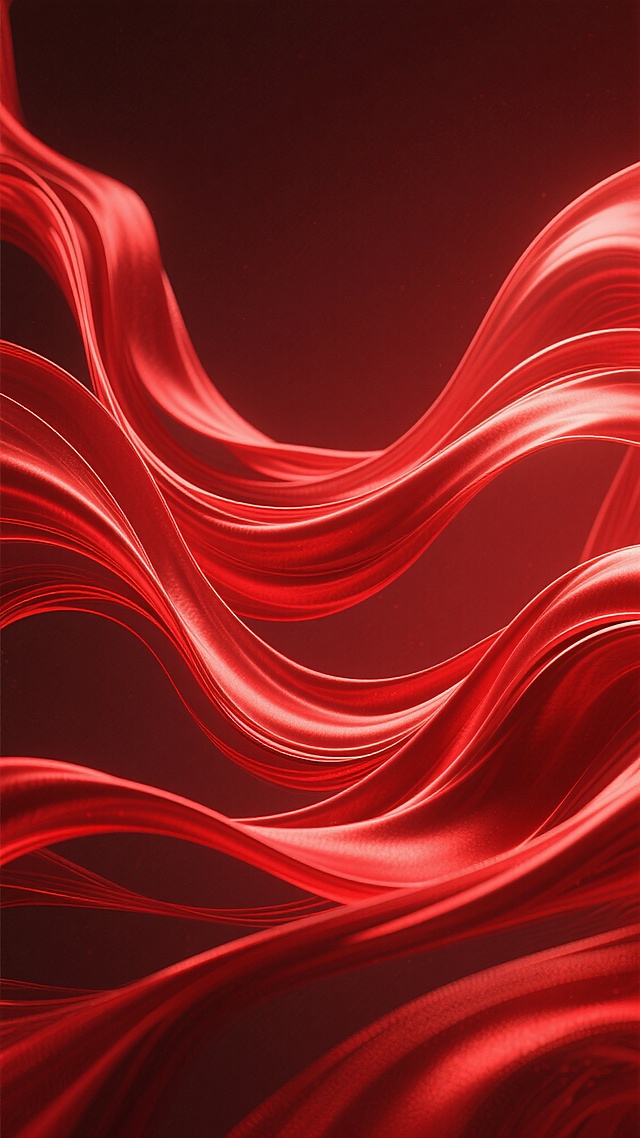 一张以红色为主色调的背景图，画面中充满了流畅飘逸的红色波浪线条，这些线条呈现出丝绸般的光泽质感，光影效果丰富，高光处明亮耀眼，暗部则深邃浓郁，整体营造出一种热情、动感且富有奢华感的氛围，线条的走向自然流畅，形成了富有韵律的视觉效果，没有任何文字、LOGO、二维码等元素干扰。