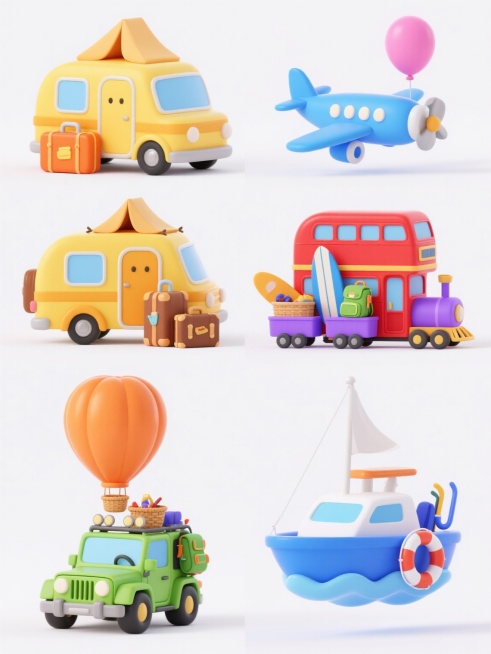 6个3D卡通风格旅游主题元素的系列集合，每个元素都具有圆润可爱的造型、光滑的材质表面和柔和的光影效果，色彩鲜艳明快，采用纯色背景且每个元素背景颜色各不相同，元素内容分别为：黄色露营车配橙色行李箱、蓝色飞机和粉色气球；红色双层巴士旁有棕色行李箱和绿色背包；紫色小火车牵引着装载冲浪板的车厢；绿色越野车顶上固定着登山装备和帐篷；橙色热气球下方悬挂着野餐篮和地图；蓝色游艇旁边漂浮着救生圈和潜水装备，所……预览效果