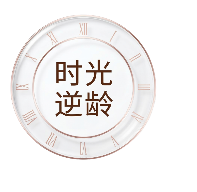 基于原图样式，保持透明玻璃时钟外圈带罗马数字，背景为纯白色，中心文字内容更换为"时光逆龄"，其他风格与原图保持一致预览效果
