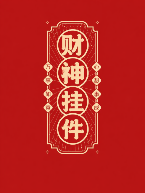 参考原图片国潮复古招牌字体设计风格，红色背景米黄色字体设计，将文字内容更换为财神挂件，保留整体排版构图，移除原有的水印，保持整体国潮创意字体设计风格预览效果