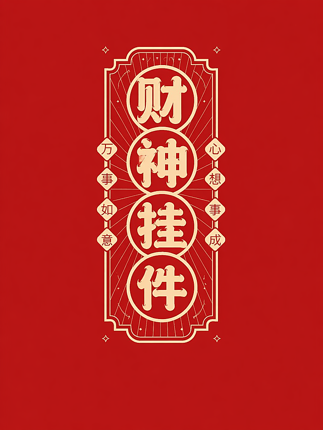 参考原图片国潮复古招牌字体设计风格，红色背景米黄色字体设计，将文字内容更换为财神挂件，保留整体排版构图，移除原有的水印，保持整体国潮创意字体设计风格