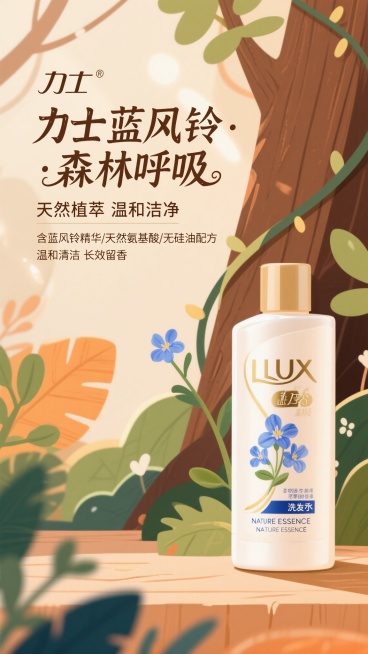 力士蓝风铃洗发水产品海报，暖色系森系风格，产品主体位于右侧占40%-50%画面，左侧为文字信息区。背景为暖米色和浅咖啡色调，点缀原木棕、橄榄绿、暖橘色的自然元素，如模糊的树叶纹理、阳光光晕、轻盈的植物预览效果