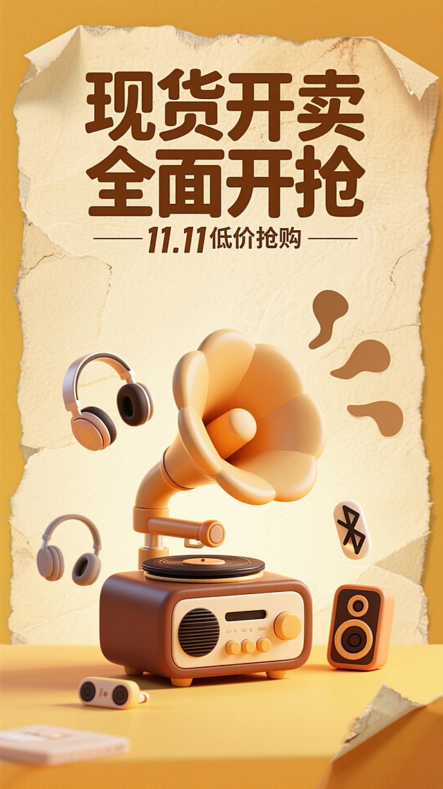 复古风格的双11购物节海报，背景是泛黄的旧纸张纹理，海报边缘有磨损和折痕效果。海报中央是一个安桥功放图案，留声机的喇叭口里飘出一些小音箱和耳机的剪影，如蓝牙音箱、耳机等。海报上方用棕色的复古字体写着“现货开卖全面开抢”，下方有较小的文字“11.11低价抢购”