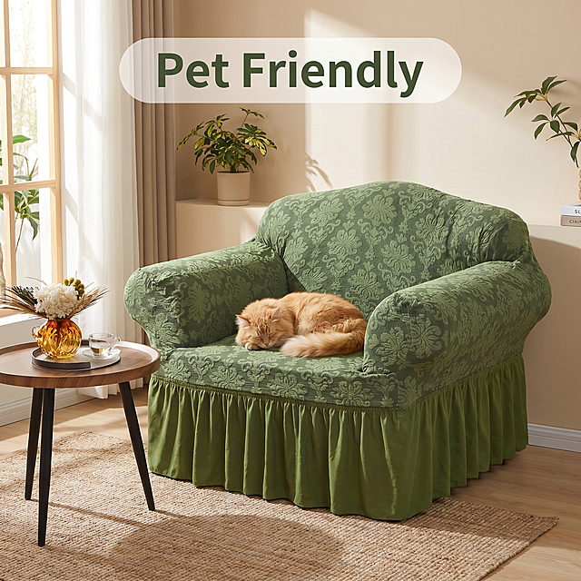 [Main Image 2] Nordic living room life scene display for jacquard sofa cover, pet-friendly scenario.
[Atmosphere Style] Warm Nordic home style, natural daily life atmosphere.
[Quality] Commercial photography texture, soft natural light, clear product and pet interaction details, high-end comfortable picture.
[Elements] A small cute pet (cat) lying comfortably on the green single sofa covered with our sofa cover, sofa placed in a simple Nordic living room, light-colored wall and wood floor, small side table next to it with simple decorations. The whole scene is natural and daily, showing the pet-friendly feature. Keep the sofa cover appearance (physical structure, material texture, color) completely consistent with the input image, eliminate any deformation and color difference, fine processing. Product (sofa cover) accounts about 70% of the picture. No extra marketing text, conforms to cross-border platform specification.
[Lighting] Warm natural afternoon sunlight coming through the window, soft light, layered light and shadow, comfortable daily atmosphere.
[Color Matching] Main tone soft warm neutral, product original green jacquard color, coordinate with Nordic home colors.
[Perspective Composition] Head-on flat viewing angle, sofa and pet are the visual center, natural depth of field.
[Text Layout] Top center text "Pet Friendly" in simple clean sans-serif font, dark green text, white background slightly transparent capsule. Text does not cover the main product.
[Proportion Resolution] 1:1 ratio, 2048px resolution, ultra HD.
[Negative Prompt] Deformed, watermark, text clutter, blurry product, cluttered background, extra marketing information, distorted pet shape