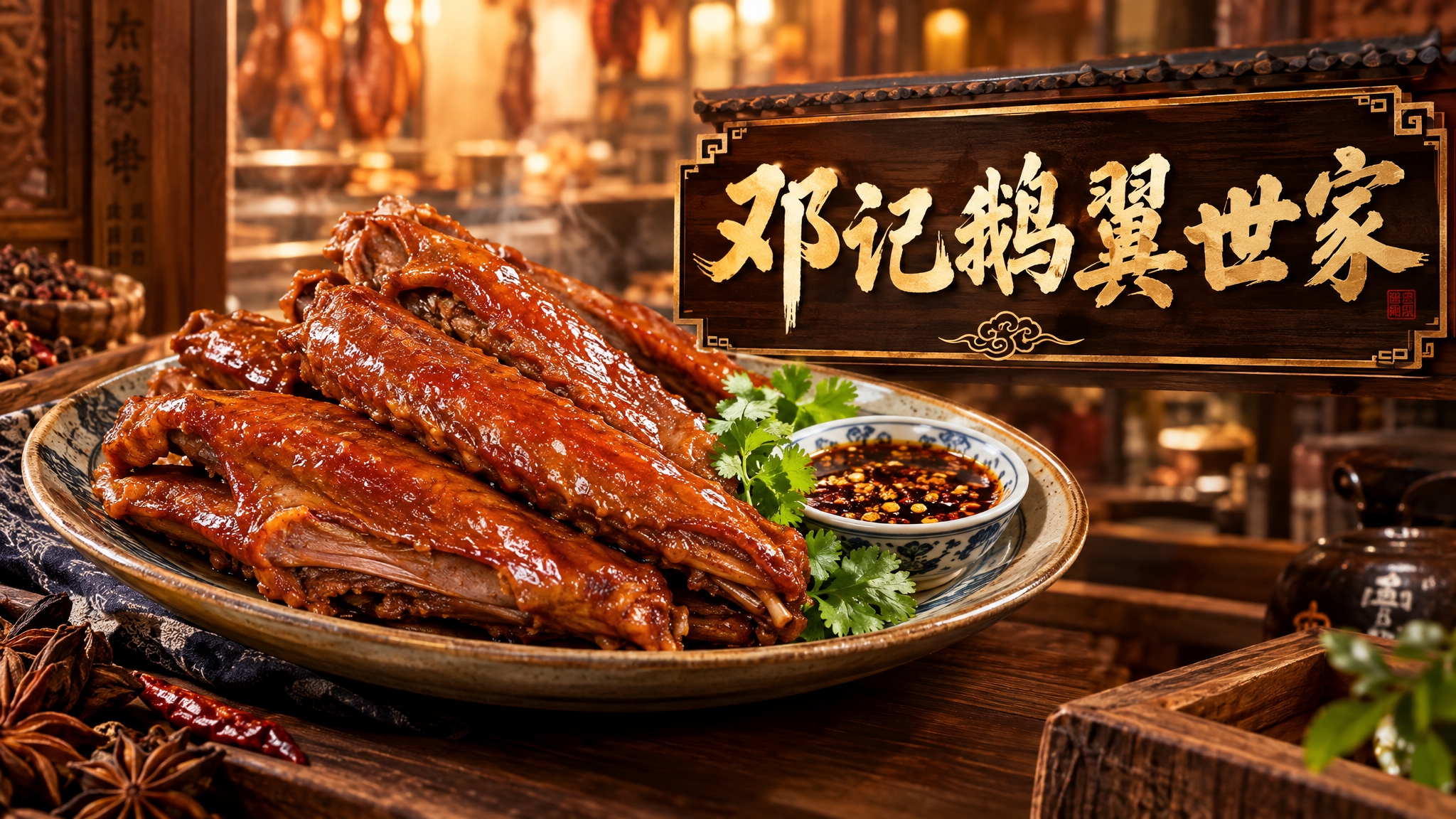 写实商业摄影风格，横版店招设计，品牌名为"邓记鹅翼世家"。画面… - 图片创意预览