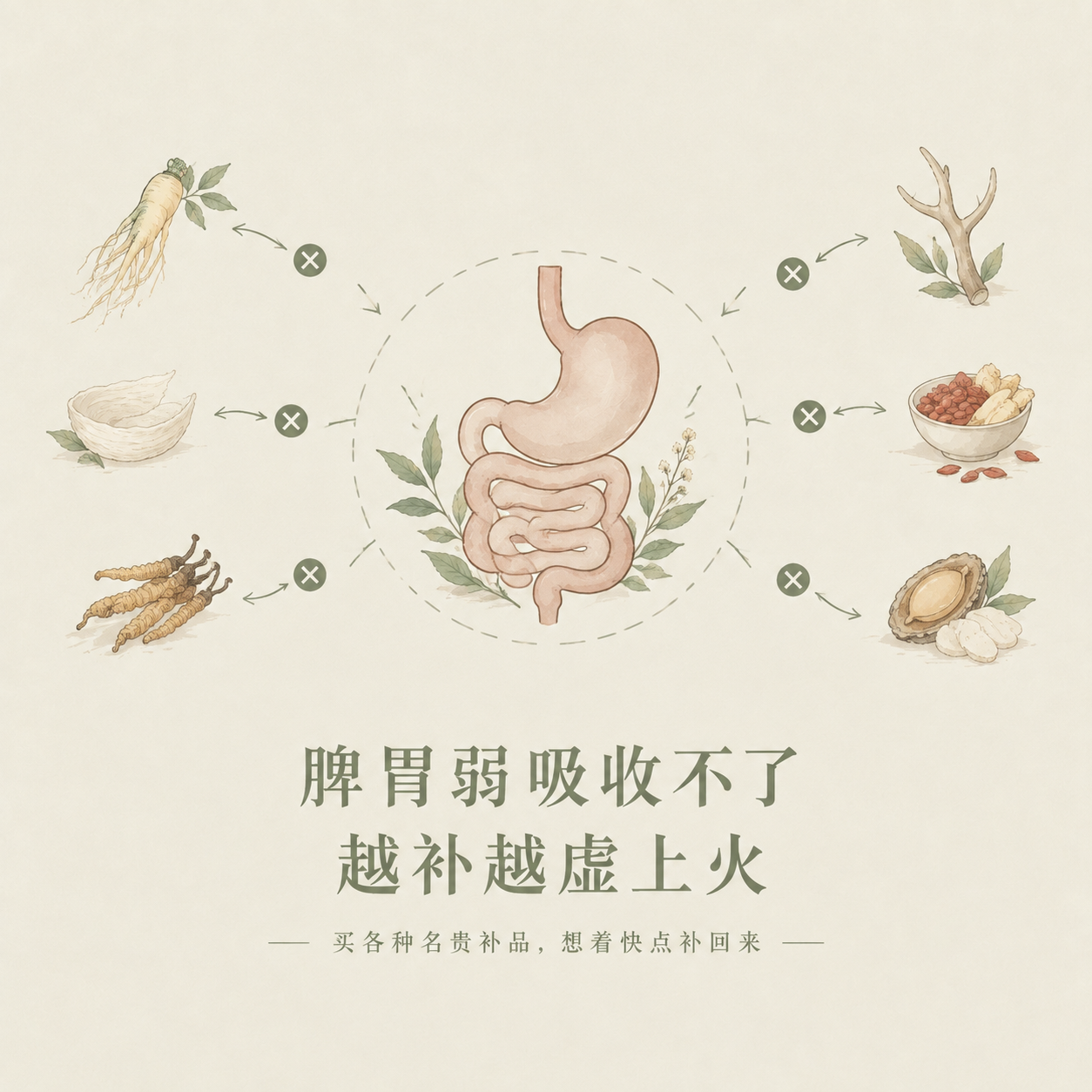 参考图风格的极简草本养生插画，画面中央是一个简约线条勾勒的脾胃… - 图片创意预览
