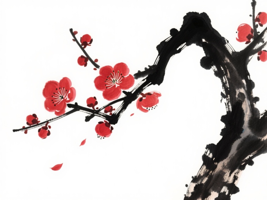 中国传统水墨画风格，一枝遒劲的墨色梅枝斜向伸展，枝头绽放着鲜艳的红色梅花，花瓣层次分明，花蕊点缀其间，几朵梅花飘落，形成自然的动态感，背景为纯白色干净背景，整体构图简洁空灵，笔墨浓淡相宜，展现出梅花傲骨凌寒的意境。预览效果