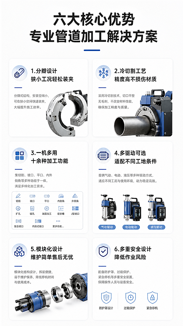 「图片1」「图片1」「图片1」「图片1」「图片1」「图片1」「图片1」「图片1」「图片1」「图片1」生成详情页，商品名称为分瓣式管道切割坡口机
卖点：一、结构安装优势
分瓣对开式设计，无需截管，管线任意位置外卡快速装夹，狭小工况适配
航空铝高强度固定盘，整机轻量化，合叶开合拆装便捷
多点同步胀紧定位，四点找正对中，装夹稳固不偏移
全套快接附件，拆装无需复杂工具，户外抢修高效省时
二、加工性能卖点
冷切割无热影响区，不改变管材材质，切口无毛刺、垂直度高精度
一机多用：切断、内外坡口、平口、镗孔、法兰修复、车槽、3PE 防腐层去除等 10 余种加工功能
适配碳钢 / 不锈钢 / 合金钢，支持 V/U/J/ 双 V / 复合多种坡口
最大加工管径 1524mm，壁厚可达 120mm，覆盖 4-62.2 英寸标准管道
无极调速进给，自动回位拨叉进刀，进刀量无级可调，加工精度可控
双齿圈导轨 + 低摩擦偏心轴承，运转平稳、受力均匀，耐用性强
三、驱动与刀具配置
多驱动可选：电动 / 气动 / 数控 / 液压，适配不同工地供电供气条件
M42 标配耐磨刀具，可定制特种刀具加工特种合金，寿命长切削顺滑
全封闭蜗轮蜗杆刀架传动，切削稳定，不易卡刀
四、工况适配 & 便携运输
便携式整机，木箱成套包装，内含工具、刀具、说明书、合格证
防震防护运输结构，工地转场不易损坏，防雨防潮
适配野外管线抢修、车间预制、高空受限狭小空间作业
五、耐用维护 & 售后保障
模块化分体部件，零件清单齐全，配件可单独采购，维修简单
轴承、滑轨可调间隙，定期润滑即可延长整机使用寿命
出厂全检，整机质保一年，厂家一对一技术指导 + 售后热线支持
丰富选配附件：圆度补偿、钻铣、内镗、窄间隙、自动对中套件等，拓展加工场景
六、安全设计亮点
多重安全规范结构，防误启动、防卷刀、防电机短路
隔离式动力齿盘，电缆远离切削区域，降低触电、割损风险
切割过程循环进刀工艺设计，缓冲管道应力，避免崩刀损坏设备
适配京东平台，单图比例为9:16，需求屏数为11张。