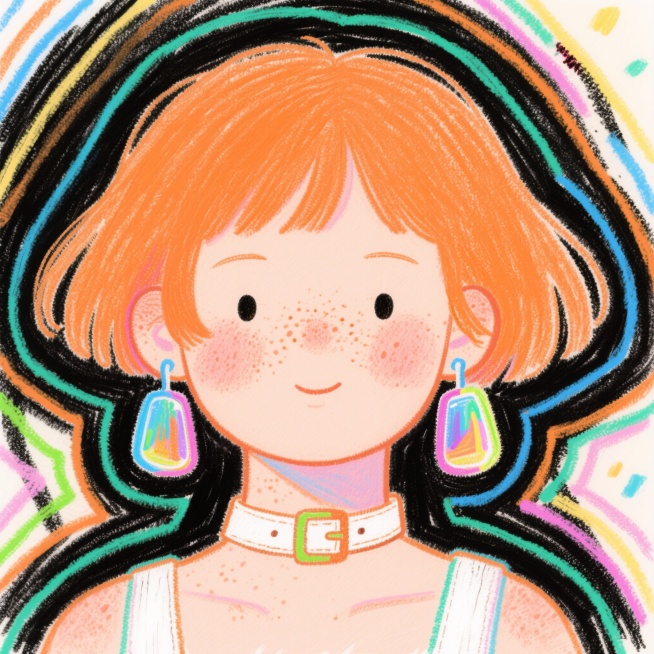 女性头部特写，橘子橙波波头，暖白皮带雀斑与晒伤腮红，佩戴彩色透明亚克力大耳环。预览效果