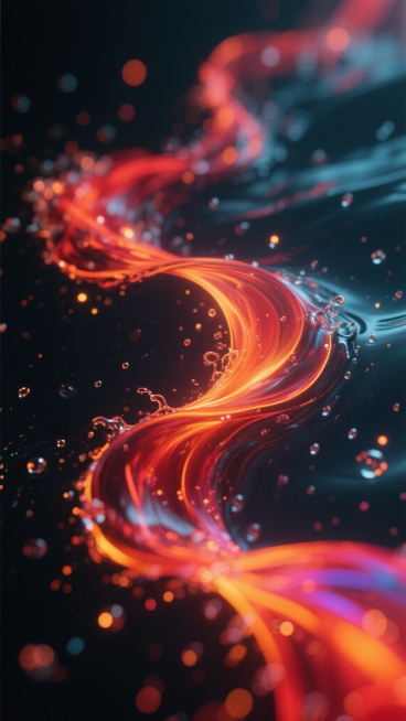 深色背景上，呈现出流动感强、形态抽象的水波效果，水波以红色和橙色为主色调，边缘带有明亮的彩色光晕，整体呈现出朦胧、飘逸的视觉效果。画面中布满了大小不一、疏密有致的水花粒子和光斑，它们在深色背景上闪烁、预览效果