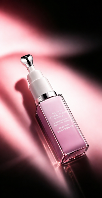 将图一中的产品替换为图二的唇部精华产品，产品摆放角度和位置和图二保持一致，调整光线明暗和光影质感，使其和图二的产品光感一致，保留图一的渐变粉黑氛围感，精致化妆品商业摄影质感预览效果