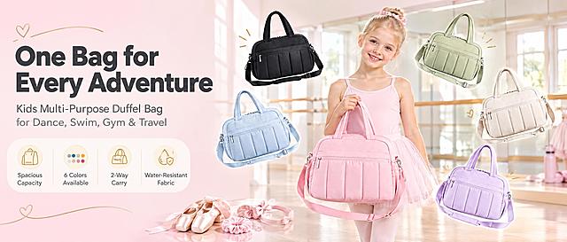[商品] 使用【图1】樱花粉儿童 Duffel 包作为主展示款，同时使用【图2】经典黑、【图3】雾霾蓝、【图4】抹茶绿、【图5】米杏白、【图6】淡紫色共6色同款包做全家福展示；商品处理：保留每款包的圆润包型、顶部双提手、前侧拉链口袋、两侧弹性侧袋、可调节斜挎肩带、金属五金扣、竖向绗缝线和柔软面料质感；自然去除表面杂乱褶皱，增强拉链、五金扣、缝线和面料纹理的精致质感，不改变版型、颜色和结构。
[画面] 页面目标：首张风格头图，突出6色多样性与大容量，建立一包多用的品牌印象。构图：左文右图，左侧约35%区域为文字信息区，右侧约65%为视觉主区；主视觉区中央是欧美小女孩（7-9岁，金发，穿浅粉色舞蹈服）手拎樱花粉包，面带微笑站在明亮的舞蹈教室中，背景有把杆、大镜子和柔和自然光；女孩周围以悬浮错落方式环绕展示其余5色包（黑、蓝、绿、米白、紫），形成多色全家福视觉，每款包角度略有不同，大小有主次层次；前景有舞蹈鞋、发带等小道具点缀；产品整体占画面约60%。
[视觉] 套系策略：风格=跨境极简高级商业摄影风；标题字=现代无衬线粗体（英文字体）；正文字=简洁无衬线体；主色=樱花粉（#FFB6C1）；背景延展=基于樱花粉做低饱和同色渐变、深浅层级和细腻哑光质感，从左到右由浅粉过渡到米白；强调色=淡金色，仅用于小面积图标、引线和装饰标签；标题色=深炭灰；正文色=中暖灰；组件=圆角浅底信息卡、细线引线、圆形色标；光影=左前侧暖柔光，柔和自然阴影。
[文字] 左侧文字区顶部主标题"One Bag for Every Adventure"，副标题"Kids Multi-Purpose Duffel Bag for Dance, Swim, Gym & Travel"，下方4个短卖点图标+文字："Spacious Capacity"、"6 Colors Available"、"2-Way Carry"、"Water-Resistant Fabric"；文字全部横向排版，层级清晰，不遮挡人物和包主体。
[规格] 图片比例61:25横版，2K分辨率，英文文案，避免变形、错字、文字过小、亚洲面孔、冷蓝/蓝灰背景、包颜色改变、版型失真、绝对化用语、价格信息。