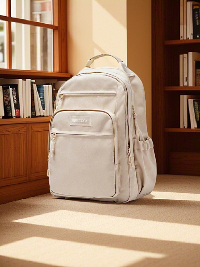 简约主义风格，柔和色调背包置于温暖阳光下，营造舒适感与宁静氛围。