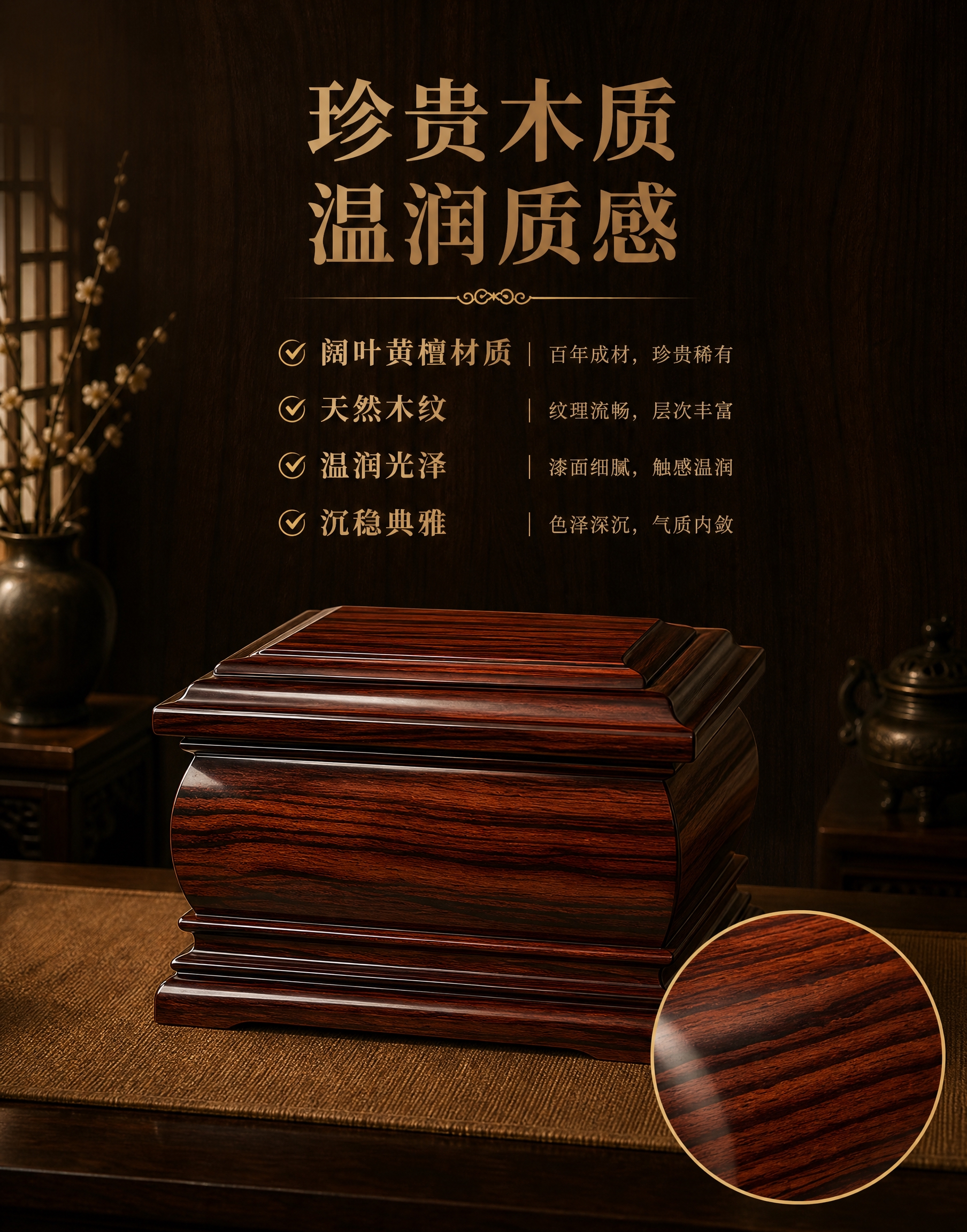 [主图-2] 阔叶黄檀材质价值展示（竖版），突出珍贵木质与温润… - 图片创意预览