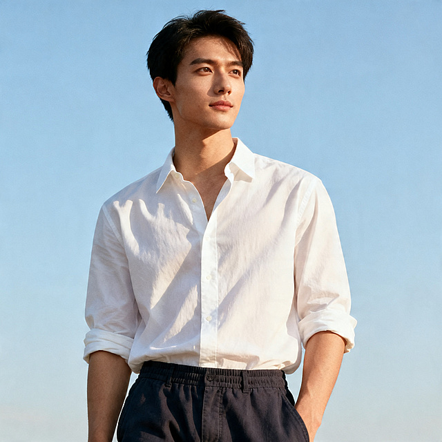 一名面容俊朗、身形挺拔的帅气男子，穿搭干净利落，整体气质阳光自然