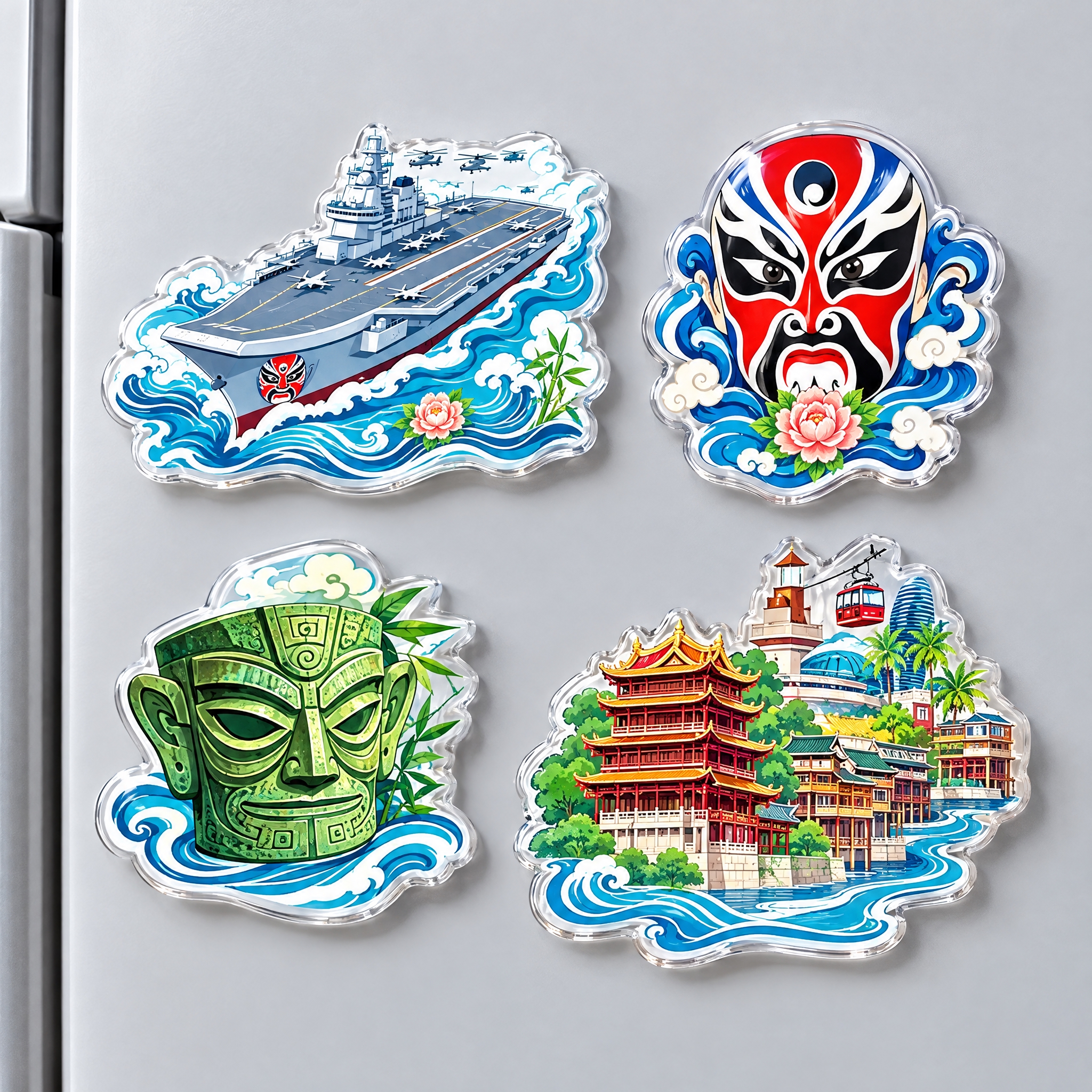 将这张插画拆分为一组四枚异形亚克力冰箱贴，图案均取自这张插画、… - 图片创意预览