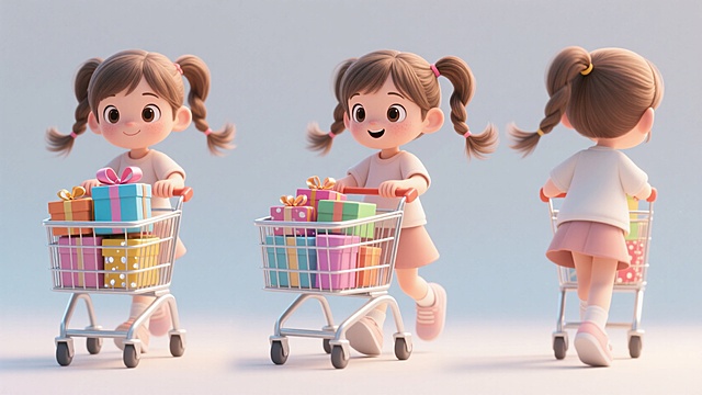 软3D风格可爱女孩推满礼盒的购物车，拟人化设计充满卡通感与清新梦幻气息，节日氛围浓厚。
