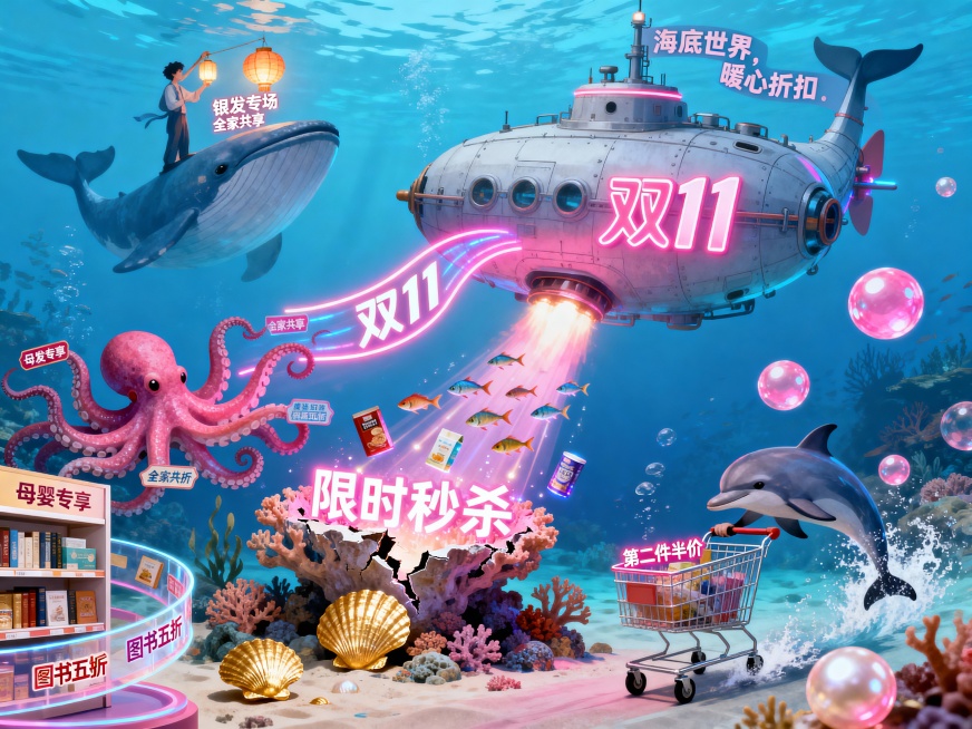 画面以蔚蓝海洋为背景，巨型购物潜艇喷出尾焰，拖曳着"双11"的霓虹光带，掠过漂浮的珊瑚礁。珊瑚礁裂开，涌出"限时秒杀"的发光商品，如鱼群般射向潜艇。右侧，海豚们推着购物车狂奔，车轮溅起"第二件半价"的预览效果