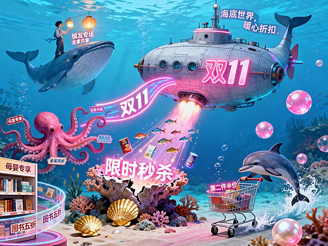 画面以蔚蓝海洋为背景，巨型购物潜艇喷出尾焰，拖曳着"双11"的霓虹光带，掠过漂浮的珊瑚礁。珊瑚礁裂开，涌出"限时秒杀"的发光商品，如鱼群般射向潜艇。右侧，海豚们推着购物车狂奔，车轮溅起"第二件半价"的粉色气泡，气泡如珍珠般浮起。左侧，章鱼挥舞触手，将"母婴专享"的标签贴满货架，货架自动旋转，飘出"图书五折"的金色贝壳。远处，鲸鱼举着"银发专场"的灯笼，灯笼如烛火般摇曳，映出"全家共享"的温馨光影。整体色调采用海洋蓝与炫彩粉，传递"海底世界，暖心折扣"的奇幻感。