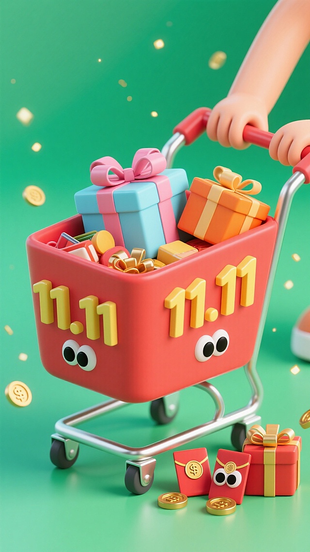 画面主体为超大号红色购物车，车身带有银色金属边框与滚轮，占据视觉绝大部分空间，购物车两侧各有一只肤色大手扶住车把手，姿态稳固且充满活力，车筐外侧贴有醒目的黄色 “11.11” 艺术字贴纸，字体带有轻微立体凸起效果。购物车内堆叠着丰富物品：顶层是系着粉色蝴蝶结丝带的浅蓝色礼盒，旁边挨着一个橘色哑光质感礼盒，下方还错落摆放着 3 个不同色系的小礼盒；礼盒旁躺着一个烫金纹红色红包，几枚闪现金光的金币散落在礼盒与红包之间。车内所有物品（礼盒、红包、金币）都贴着一对圆溜溜的黑色可爱眼睛，仿佛拥有生命力。背景为绿色渐变，空中点缀着细碎的金色光点，随渐变背景自然分布，整体节日感与萌趣感兼具。