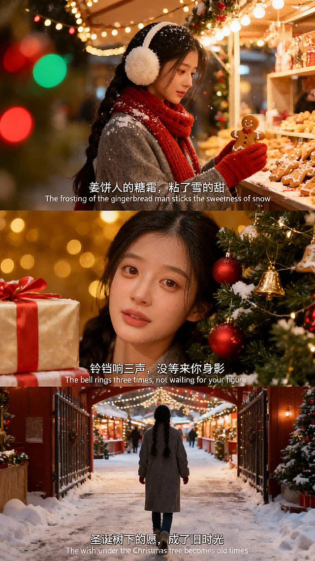 三宫格艺术感写真图，横向三宫格。画面中人物神情忧郁，身着灰色毛呢外套、搭配红色针织围巾与手套、佩戴白色毛绒耳罩。第一张近景：人物站圣诞市集摊位前托姜饼人，侧脸，头发落雪，背景圣诞灯串，红绿彩色光斑，字幕 “姜饼人的糖霜，粘了雪的甜 The frosting of the gingerbread man sticks the sweetness of snow”；第二张特写：人物脸靠装饰圣诞树，旁侧礼品盒，金红光斑，字幕 “铃铛响三声，没等来你身影 The bell rings three times, not waiting for your figure”；第三张远景：人物背影走市集出口积雪路，字幕 “圣诞树下的愿，成了旧时光 The wish under the Christmas tree becomes old times”。整体暖光光线，采用柯达胶片效果，三张图合成一个三宫格，字幕位于底部。