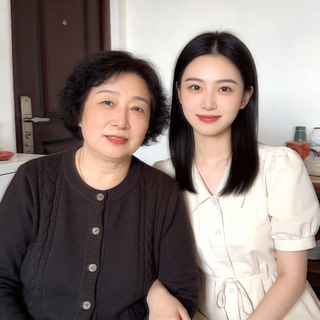 日常生活快照，非特定构图与打光，随手一拍的感觉，真实场景，一对中国母女，50岁的母亲和25岁的女儿，不同风格的母女，逼真，现实感，真人感，母女合影。生成4张预览效果